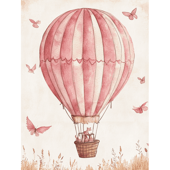Pink Hot Air Balloon Animal Canvas Print/Wall Art, Perfect for Nursery, Bedroom, Living Room, Playroom, and Girl's Room Decor.