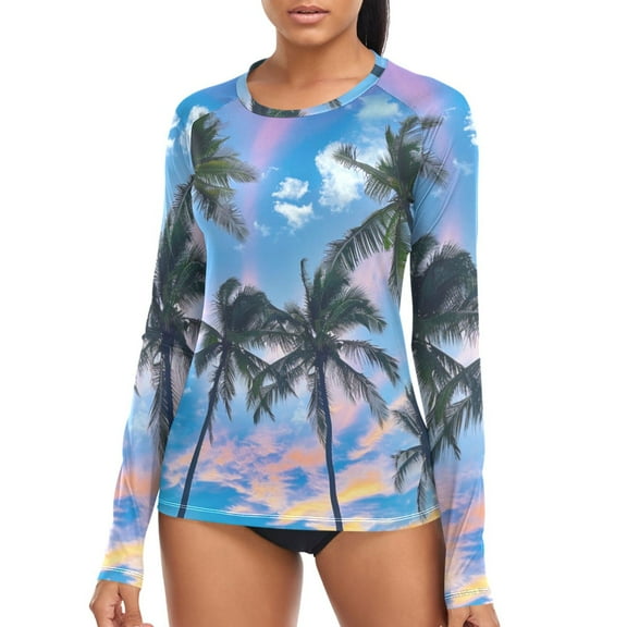 joogoo Womens UPF 50 Rash Guard Summer Tropical Palm Tree Long Sleeve UV Protection Sun Shirts Tops S