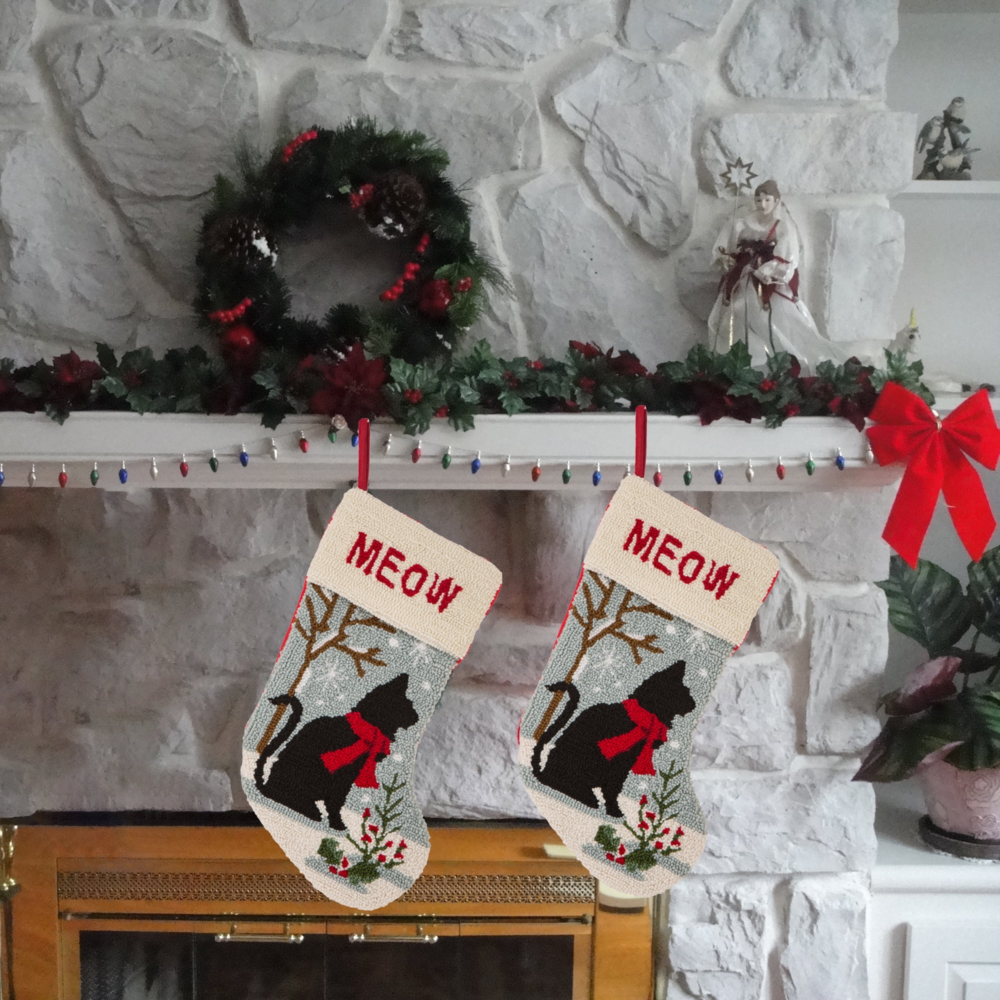 Glitzhome Hooked Stocking, Cat, set of 2