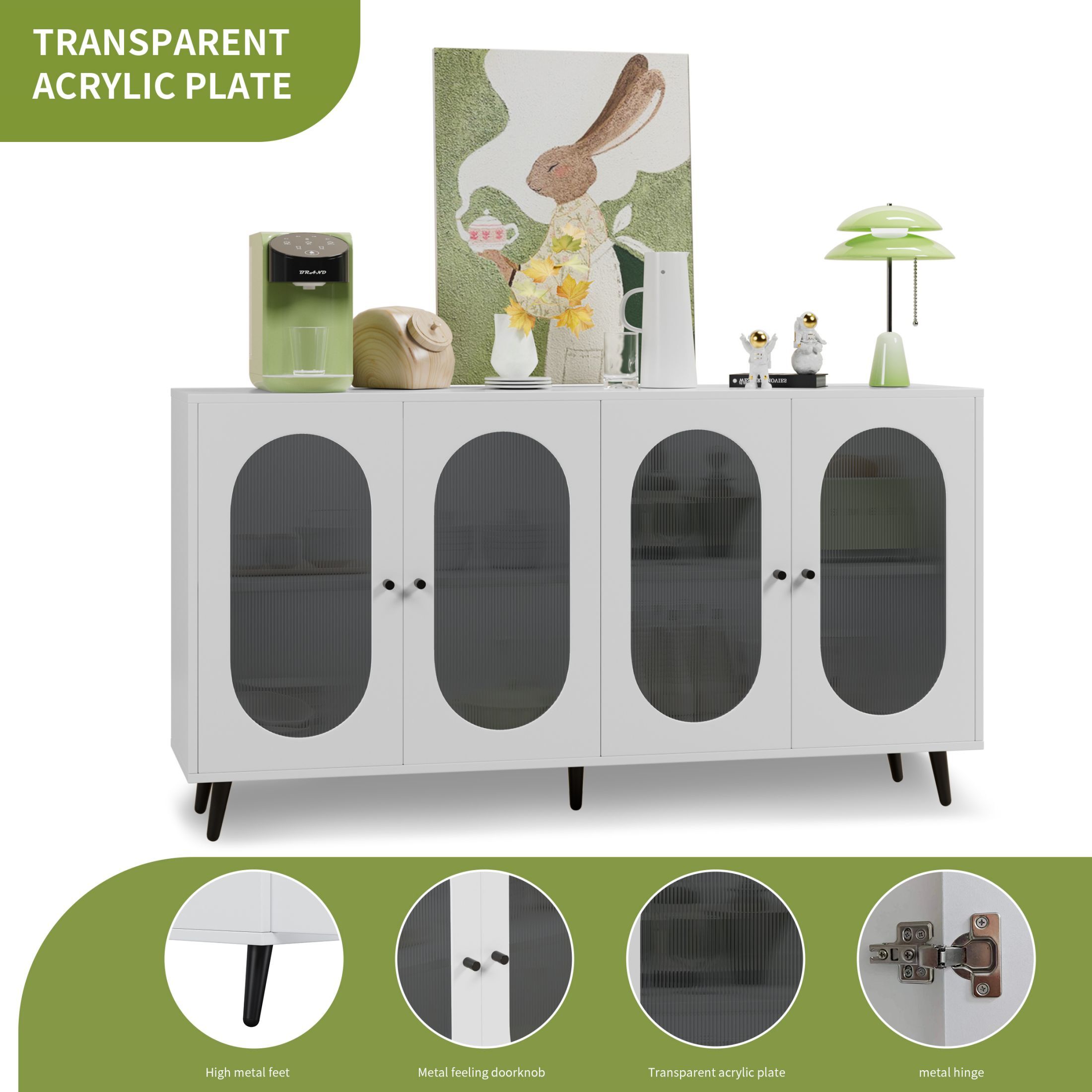 DEALTOPS Stylish Sideboard with Acrylic Cabinet Doors, Adjustable Shelves and Metal Feet and Handles, White