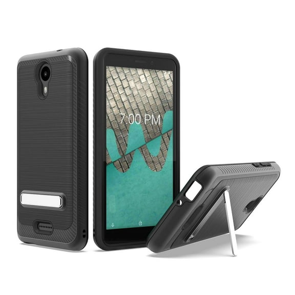 For Wiko Ride Brushed Armor Shockproof Magnetic Kickstand Hybrid Case Cover - Black