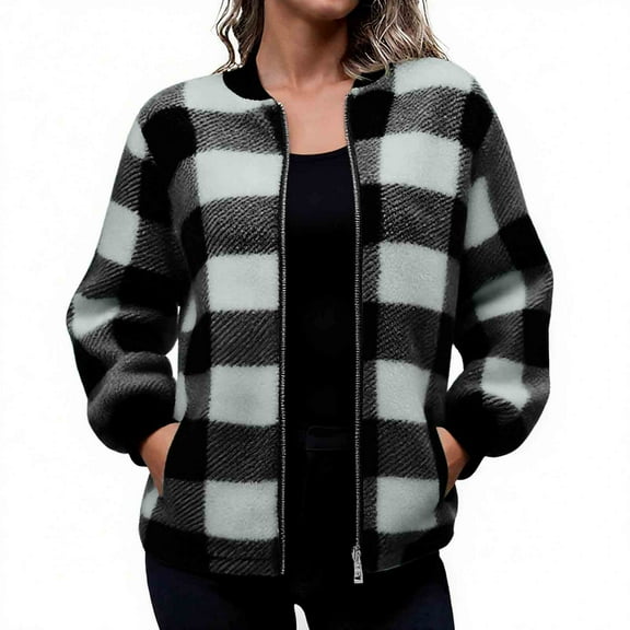 Hjlmsx Womens Plaid Bomber Jacket Fuzzy Fleece Sherpa Long Sleeve Shacket Jackets Casual Zip Up Winter Coat with Pockets Gray L
