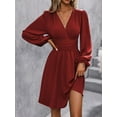 thumbnail image 5 of Women's Fall A-Line Midi Dress V-Neck Long Lantern Sleeve Elastic Waist Ruffle Flowy Swing Spring Dresses, 5 of 6