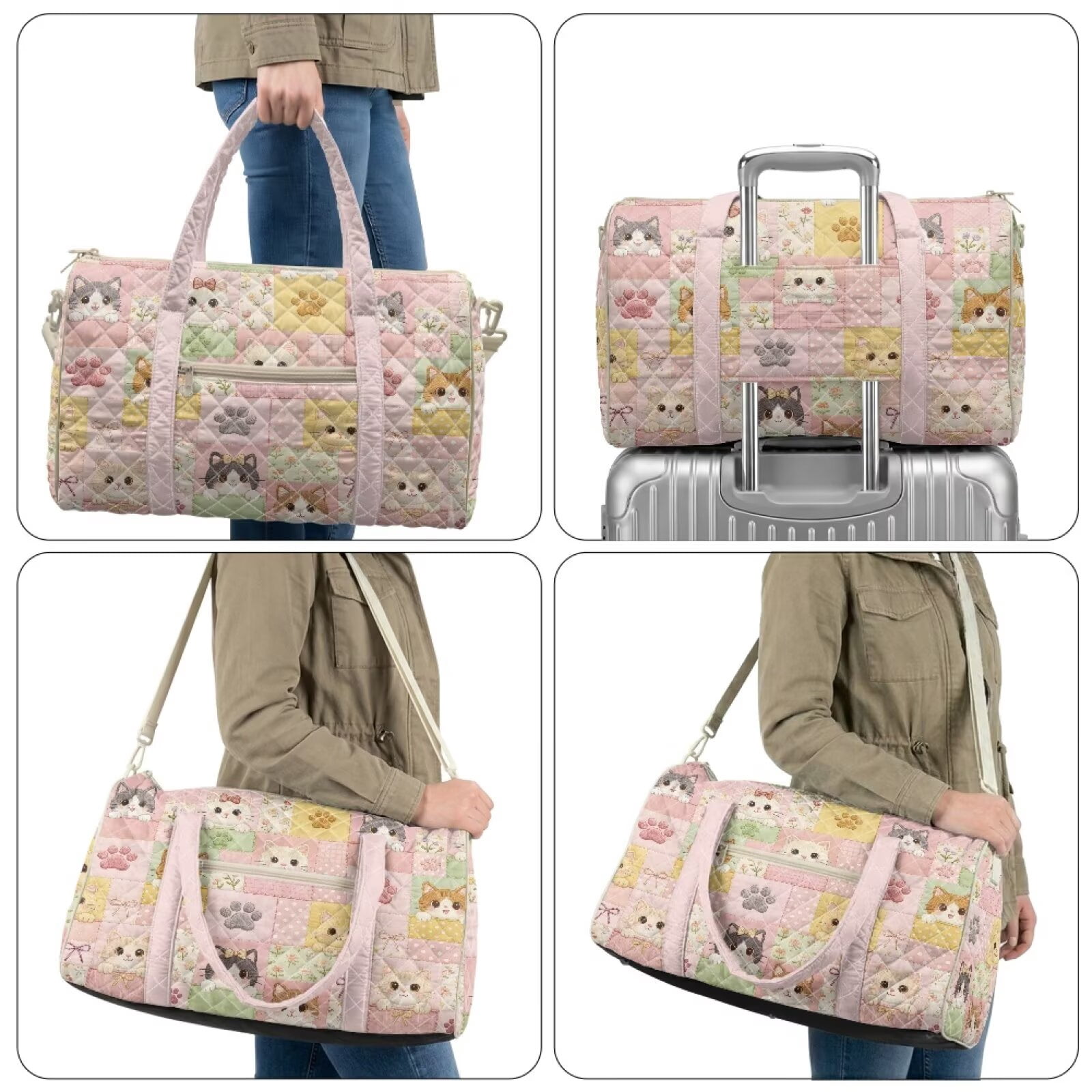 Garronmavis Cute Cat Print Large Quilted Duffle Bag for Women, Lightweight Weekender Travel Overnight Gym Dance Carry On Tote Bag with Luggage Sleeve
