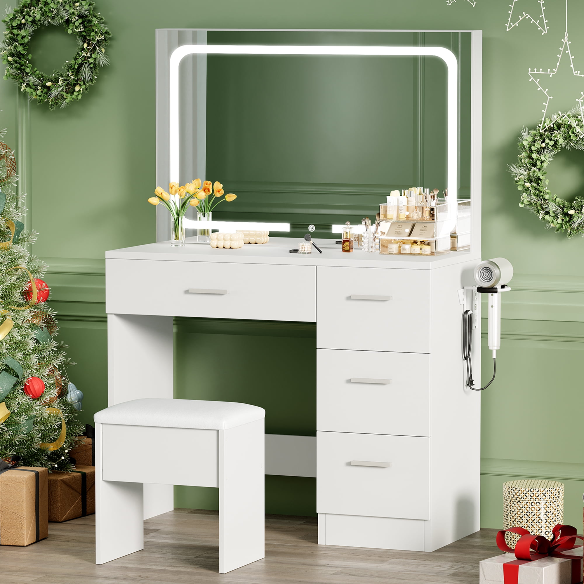 LIVELYGLOW Vanity Set with Mirror&Stool,Makeup Vanity Set with Power Outlet,Vanity Dressing Table with LED Light for Bedroom,White