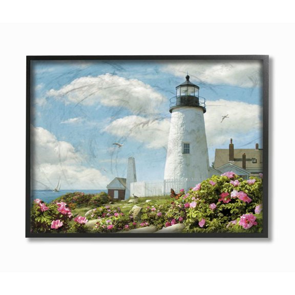 Stupell Industries Shabby Chic Pemaquid Lighthouse Bright Pink Floral Sea Side Scene Black Framed Giclee Art, 20 x 16, by Alan Giana & Company