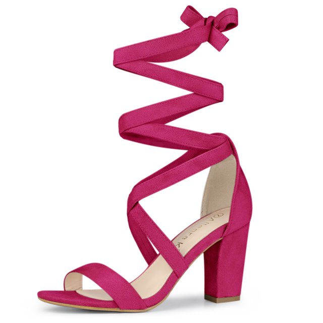 BLISSFUL STEP Women's Solid Color Lace up Mid Block Heels Sandals Hot Pink 9