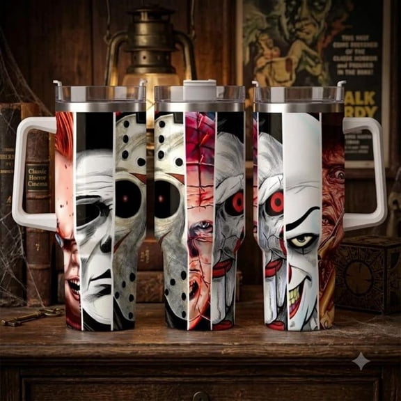 Horror Villains Tumbler 40oz with Handle Michael Myers Pennywise Jason Chucky Travel Mug Halloween Gift Stainless Steel Insulated Cup