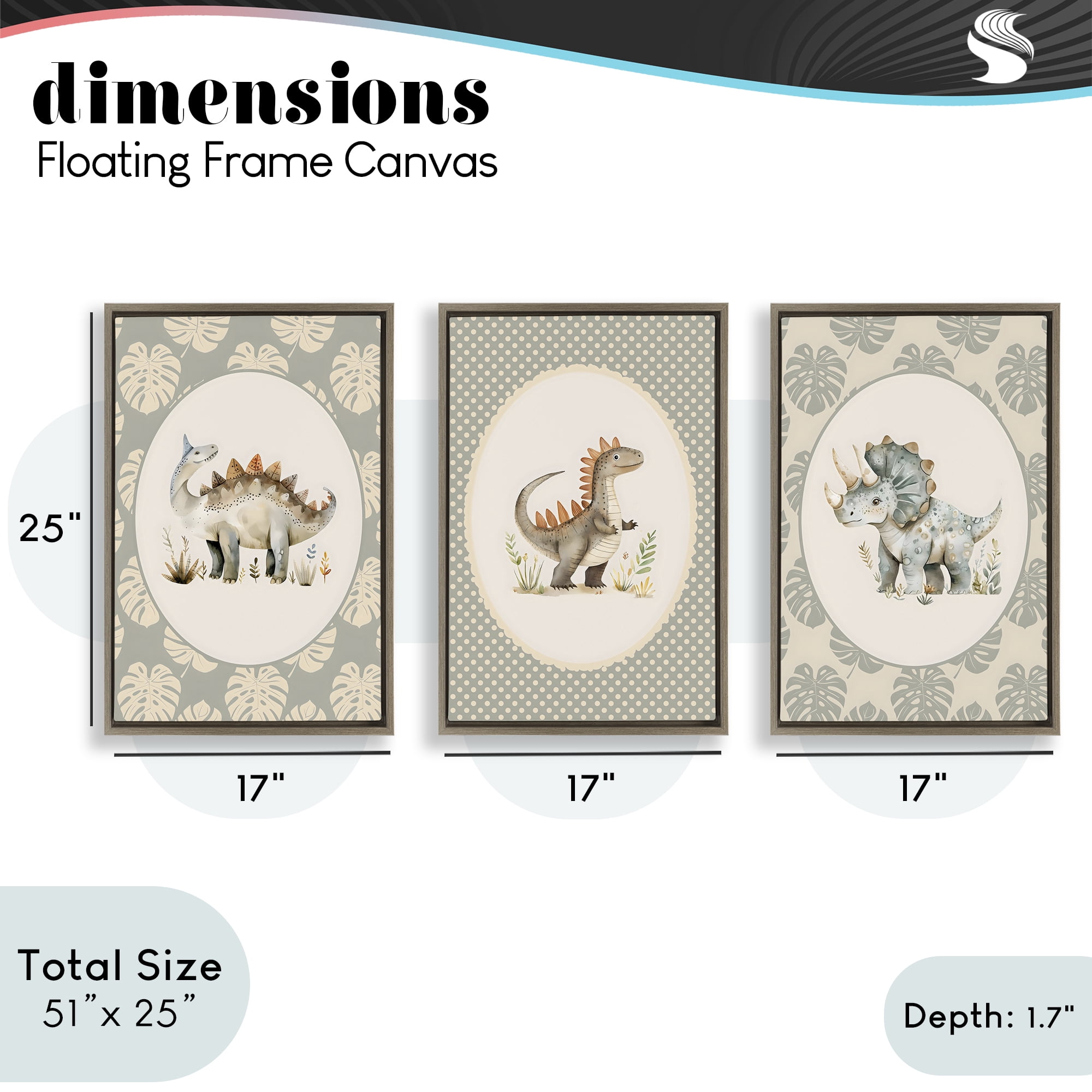 Stupell Industries Nursery Dinosaurs Tropical Border 3 Piece Brown Framed Floater Canvas Set, design by LSR Design Studio