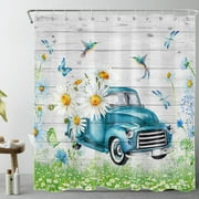 HVEST Farmhouse Shower Curtain,Vintage Blue Truck with Hummingbird and Country Wildflower Bathroom Shower Curtain Grey Wood Background Polyester Fabric Decor Curtain with Hooks, 69X70 inch