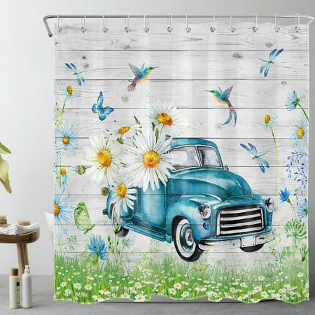 HVEST Farmhouse Shower Curtain,Vintage Blue Truck with Hummingbird and Country Wildflower Bathroom Shower Curtain Grey Wood Background Polyester Fabric Decor Curtain with Hooks, 69X70 inch