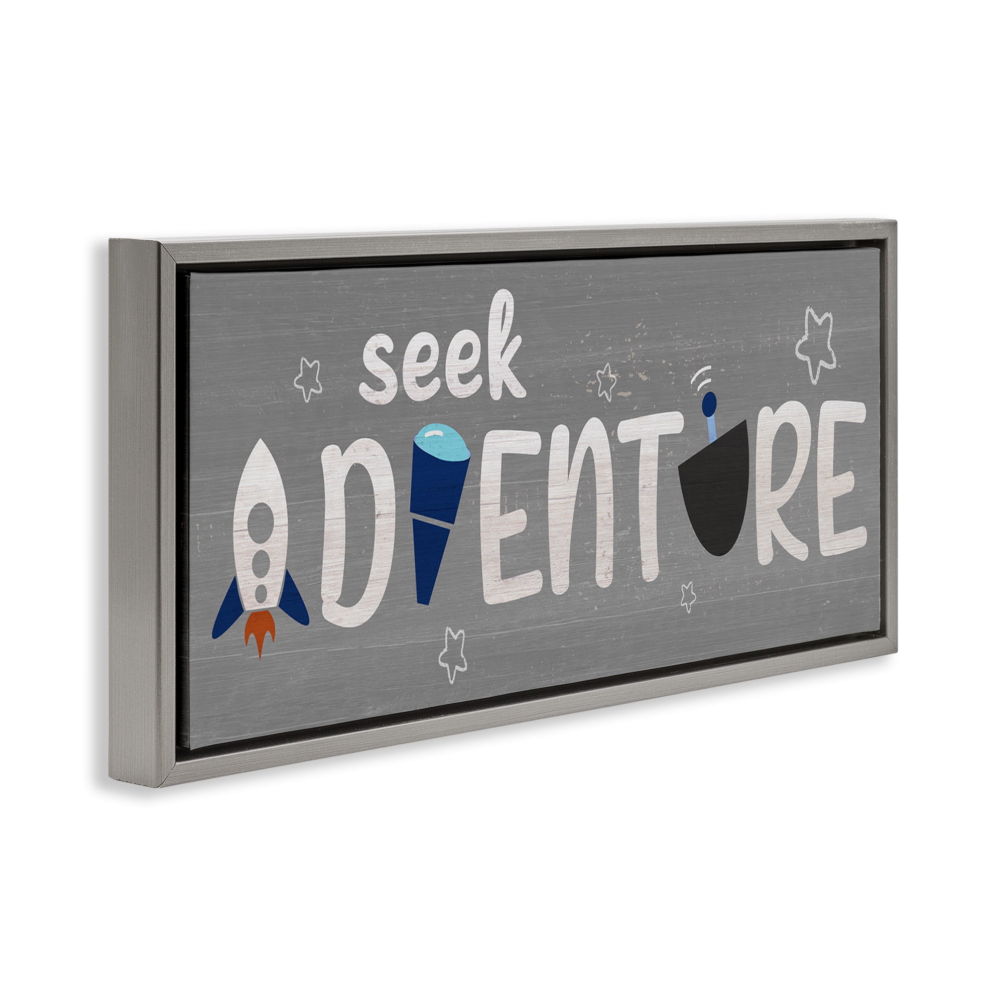 Stupell Industries Seek Adventure Imagination Sentiment Art for Kids Painting Gray Floater Framed Canvas Art Print Wall Art, 31 x 14