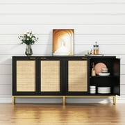 Eumyviv Modern Accent Sideboards Cabinets with 2 Rattan Doors, Mid-Century Buffets Storage Credenzas for Bedroom Living Room, Black H0046