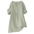 thumbnail image 3 of VISALY Cotton Linen Shirts Oversized Tshirts Dressy Casual V Neck Botton Down Blouses Short Sleeve Tops Tunic Tops Business Casual Tops Loose Blouses Lightweight Tops and Blouses Green L, 3 of 9