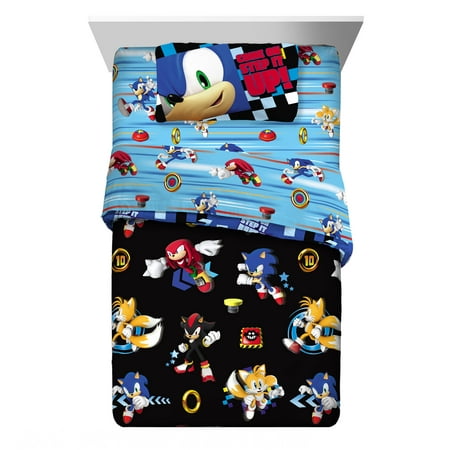 Sonic the Hedgehog Kids Twin Full Bed in a Bag, Gaming Bedding, Comforter and Sheets, Sega