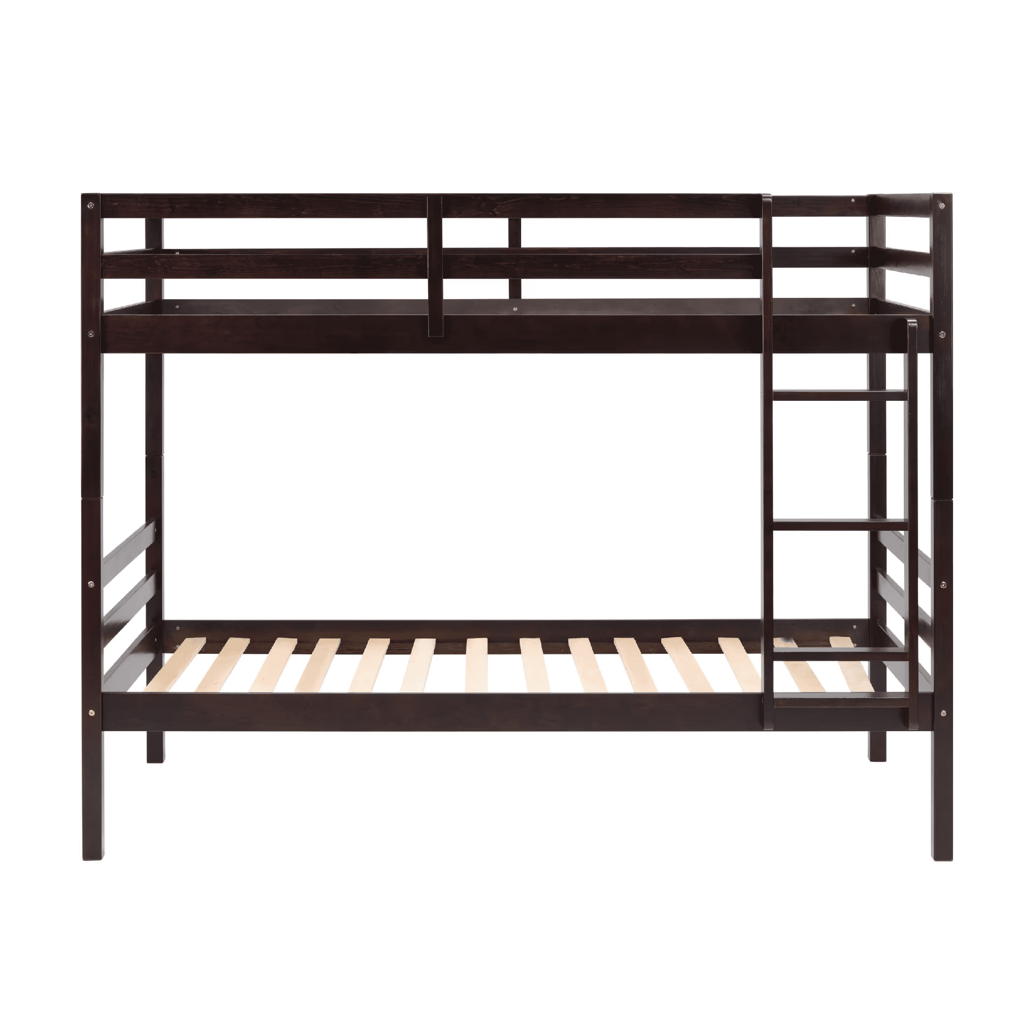 MAYEERTY Twin over Twin Bunk Bed with Ladder, Wooden Bed Frame with High Guardrail and Ladder for Kids, No Box Spring Needed, Espresso