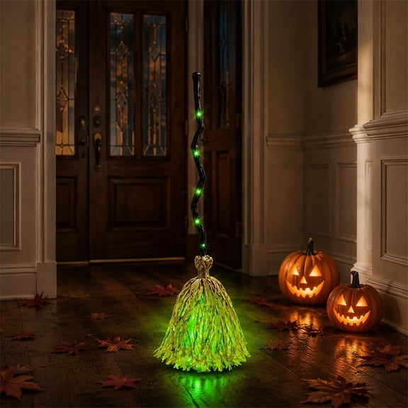 Mivyn 32"Animated Witch Broom Halloween Decor, Light Up Floating Magic Dancing Broomstick, Glowing Motion Witch Broom with Green Lights, Sound & Touch for Halloween Party Decor