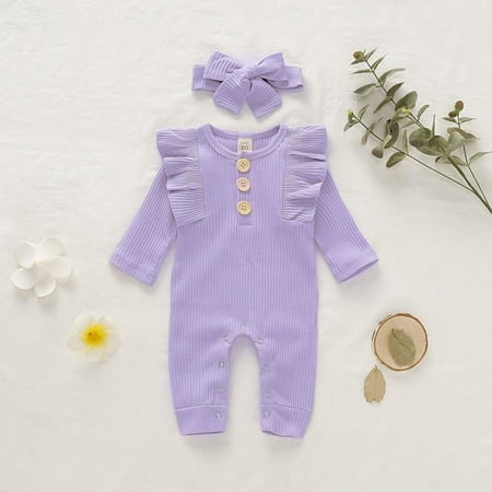 

Promotion Clearance 1 Set Infant Round Collar Long Sleeve Solid Color Girls Jumpsuit Climb Soft Romper And Hairband Two-piece Set