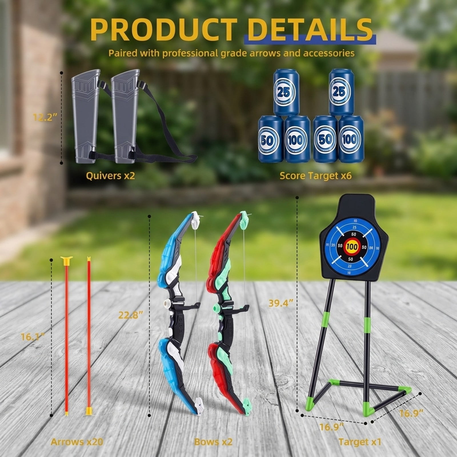 Fenbeli Light-Up Bow and Arrow Set with 2 LED Bows, 20 Suction-Cup Arrows, Standing Target and 2 Quivers