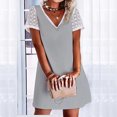 thumbnail image 2 of Sun Dresses Women Summer Casual V-Neck Lace Trim Short Sleeve Dress Solid Loose Comfy Ladies A Line Swing Mini Dress (XX-Large, Gray), 2 of 5