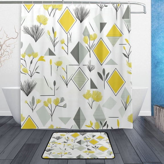 Bath Curtain & Non-Slip Bath Mat Set 12-Grommet Shower Curtain Memory Foam Bath Rug Yellow and Gray Geometric
