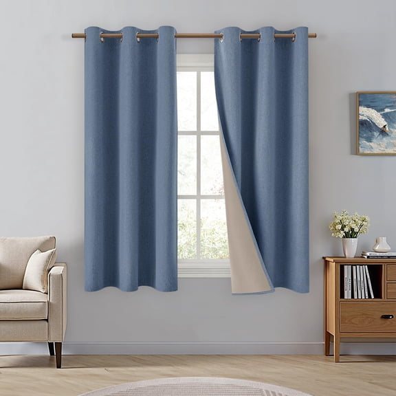 Thermal Insulated Blackout Curtains 100% Room Darkening, Faux Linen 2 Panels 42x63 Inches, Grommet Drapes for Living Room Bedroom, Energy Saving, Stone Blue