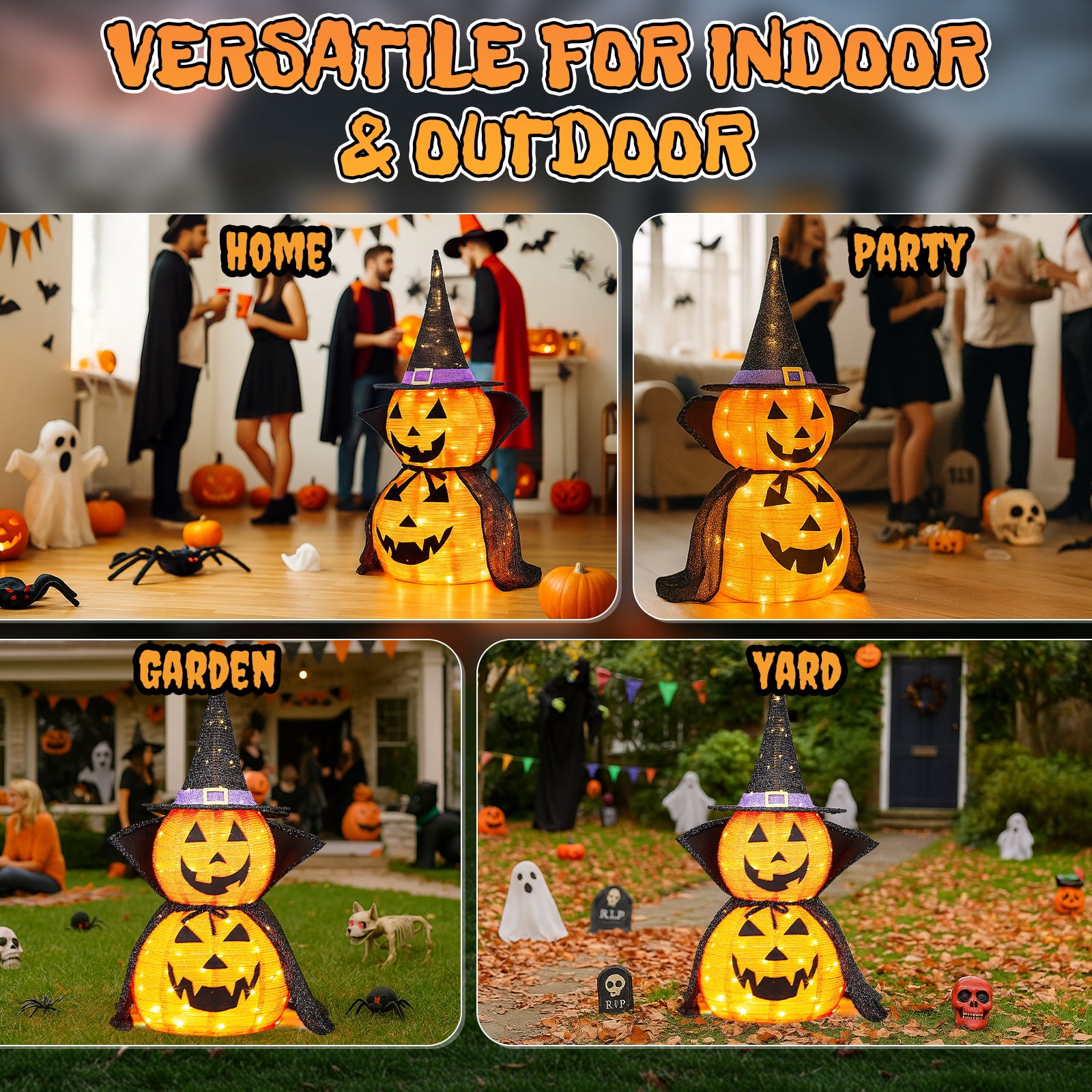 2Packs 3ft Collapsible Lighted Jack-O-Lantern Halloween Decor 176 LED Pop-Up Pumpkin Lamp Wizard Hat Cape Metal Frame For Indoor Outdoor Yard Decor