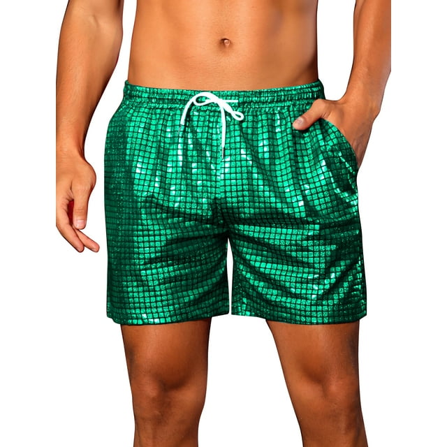 Pantalones cortos metálicos Inspire Chic para hombres con cintura elástica y cordón, pantalones cortos holográficos de cuadros calientes 28 Verde