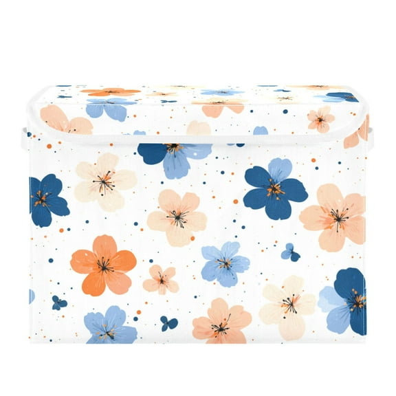 Orange Blue Flowers Dots Foldable Storage Bin with Lid and Handle Collapsible Storage Box 16.5 x 12.6 x 11.8 inches
