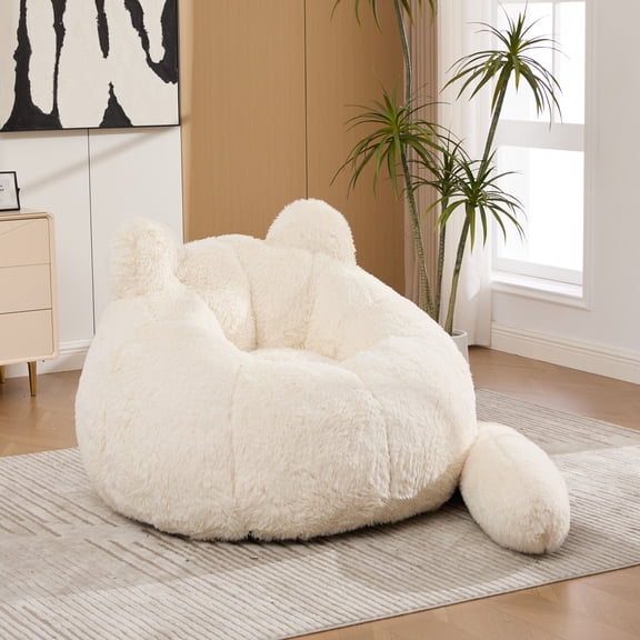 LUFTUT 41.7" Cat Bean Bag Chair with Tail Pillow, Cute Faux Fur Lounge Chair with Shredded Foam Filling, Oversized Floor Sofa for Bedroom Living Room Reading Gaming Room Dorm,Beige