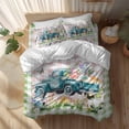 thumbnail image 2 of Happy Easter Full Size Comforter Set, Blue Truck Gnome Egg Bunny Floral Pink Green Plaid Bedding for All Seasons, 4 Pcs Bed Set, 1Quiltcover (86"x86") ,1Sheet(80"x116"), 2Pillowcases (30"x20"), 2 of 9