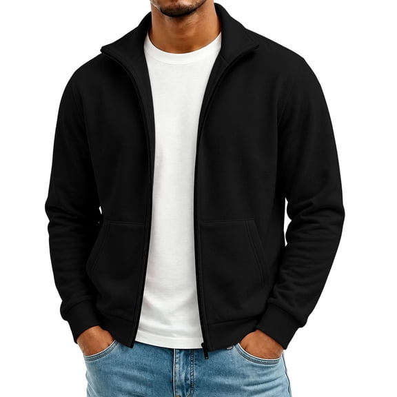 TRUNZI Men's Zip Up Jackets Long Sleeves Stand Collar Casual Daily Outdoor Lightweight Jackets with Pockets,Black,Size XL