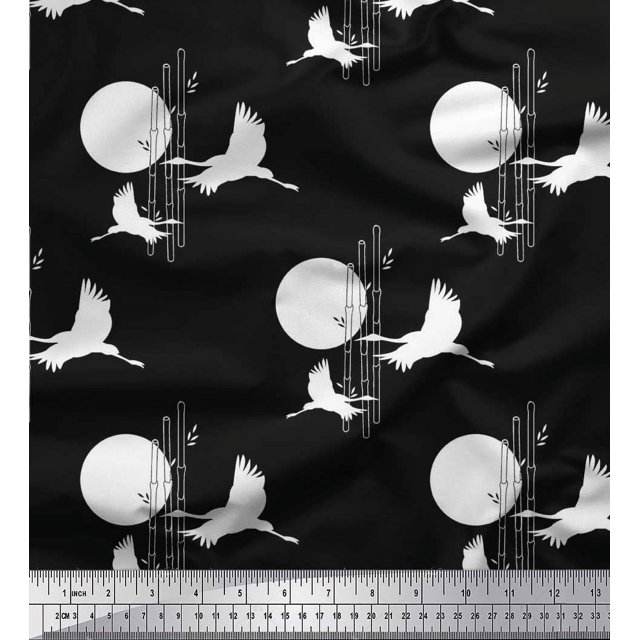 Soimoi Rayon Fabric Bamboo Tree,Moon & Stork Bird Print Fabric by The Yard 56 Inch Wide