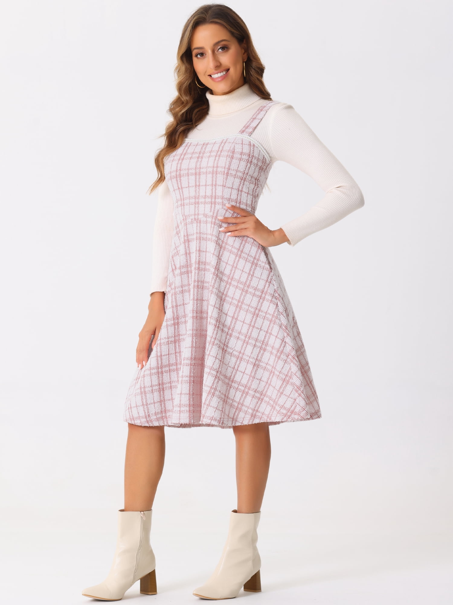 DARING DIVA Women's Sleeveless Square Neck Plaid A Line Pinafore Dresses XL Pink