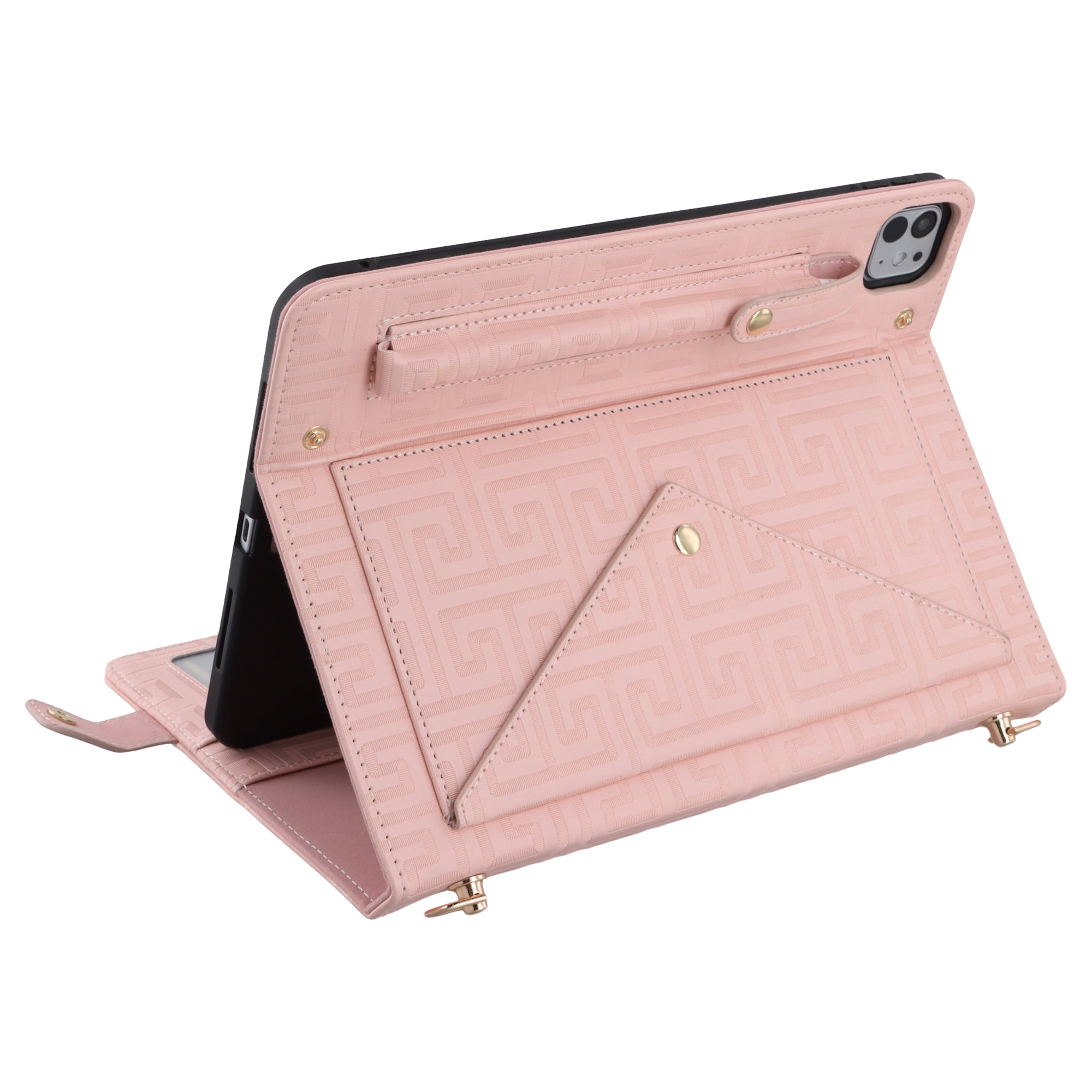 Dteck for iPad Pro 13 Inch Case M4 (2024), Portfolio Case Shoulder Bag for iPad Pro 13, PU Leather Business iPad Case with Pencil Holder Envelope Pocket Hand Strap Holder, Retro Pink