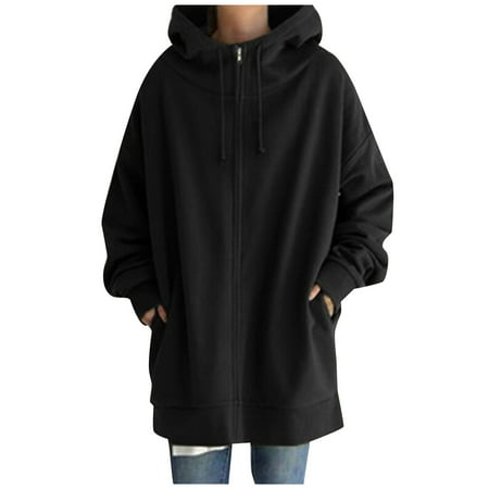 DuoJiaJ Women s Solid Color Cause Streetwear Sweater Zipper Hooded Long Sleeve Sweatshirt Coat Womens Winter Coat Plus Size Black XL