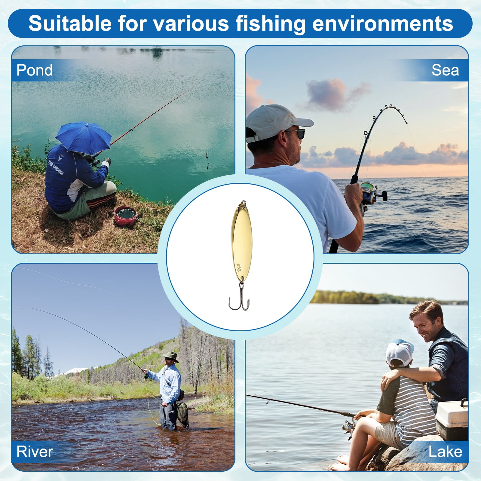 Uxcell Fishing Spoons Lures, Metal Saltwater Treble Trout Lures Jigging Spoon with Treble Hooks Casting Spinner Baits 10 Pcs & 1 oz & Gold - Fitting for (Freshwater/Salmon/Bass/Trout)