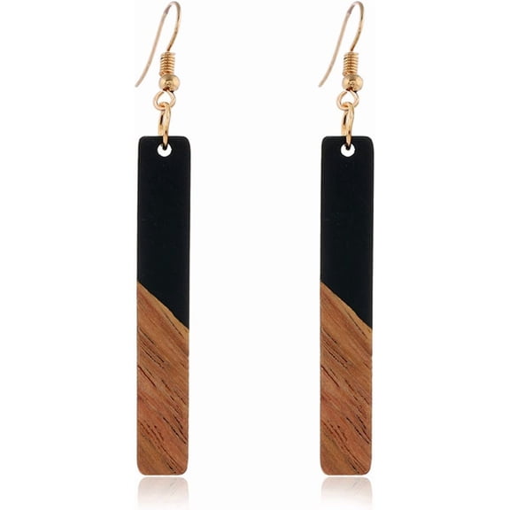 Lightweight Bohemian Wooden Acryluc Resin Geometric Bar Rould Drop Dangle Natural Wood Earrings Ethnic African Western Statement Handmade Jewelry for Women