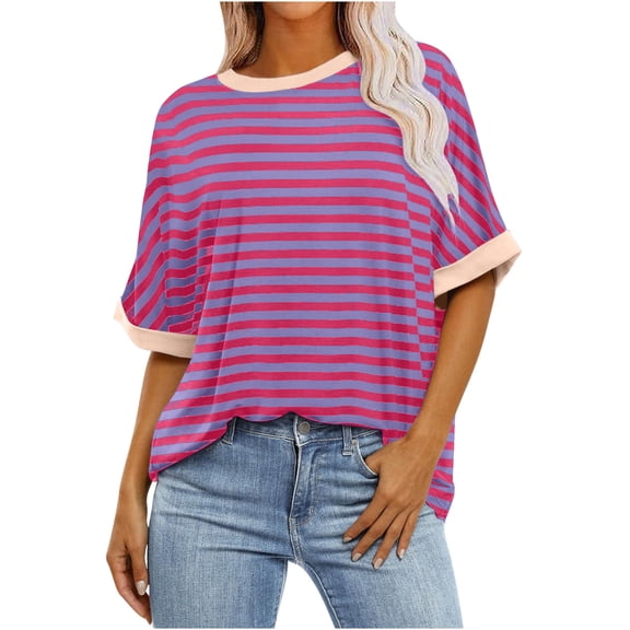 Kilaqueen Womens Tops Striped Short Sleeve Crew Neck Loose Fit PulloverTops Casual Trendy Summer Going Out Tee