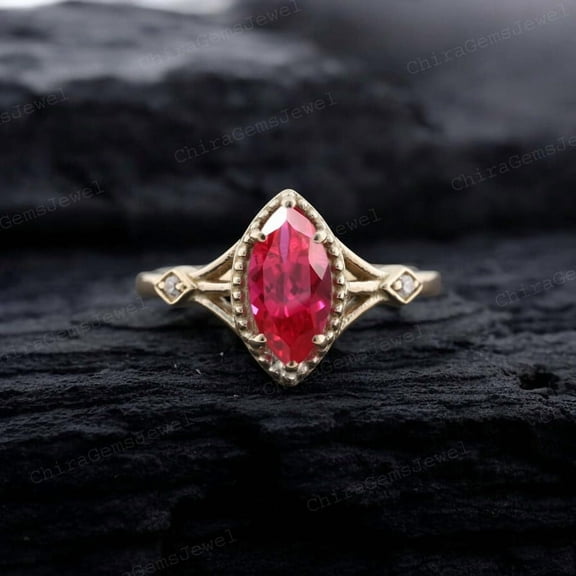CHIRAGEMSJEWEL Marquise Cut Ruby Wedding Ring, 8X4MM / 1.5ct - July Birthstone Women Diamond Jewelry Proposal Gift for Girlfriend