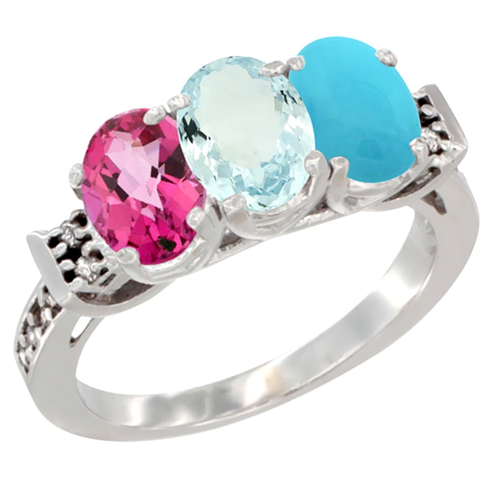 14K White Gold Natural Pink Topaz, Aquamarine & Turquoise Ring 3-Stone 7x5 mm Oval Diamond Accent, sizes 5 10 by WorldJewels