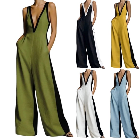 Sokhug Women Sleeveless Wide Leg Jumpsuit Deep V Neck Contrast Binding with Pocket Elegant Formal Casual Full Length Romper