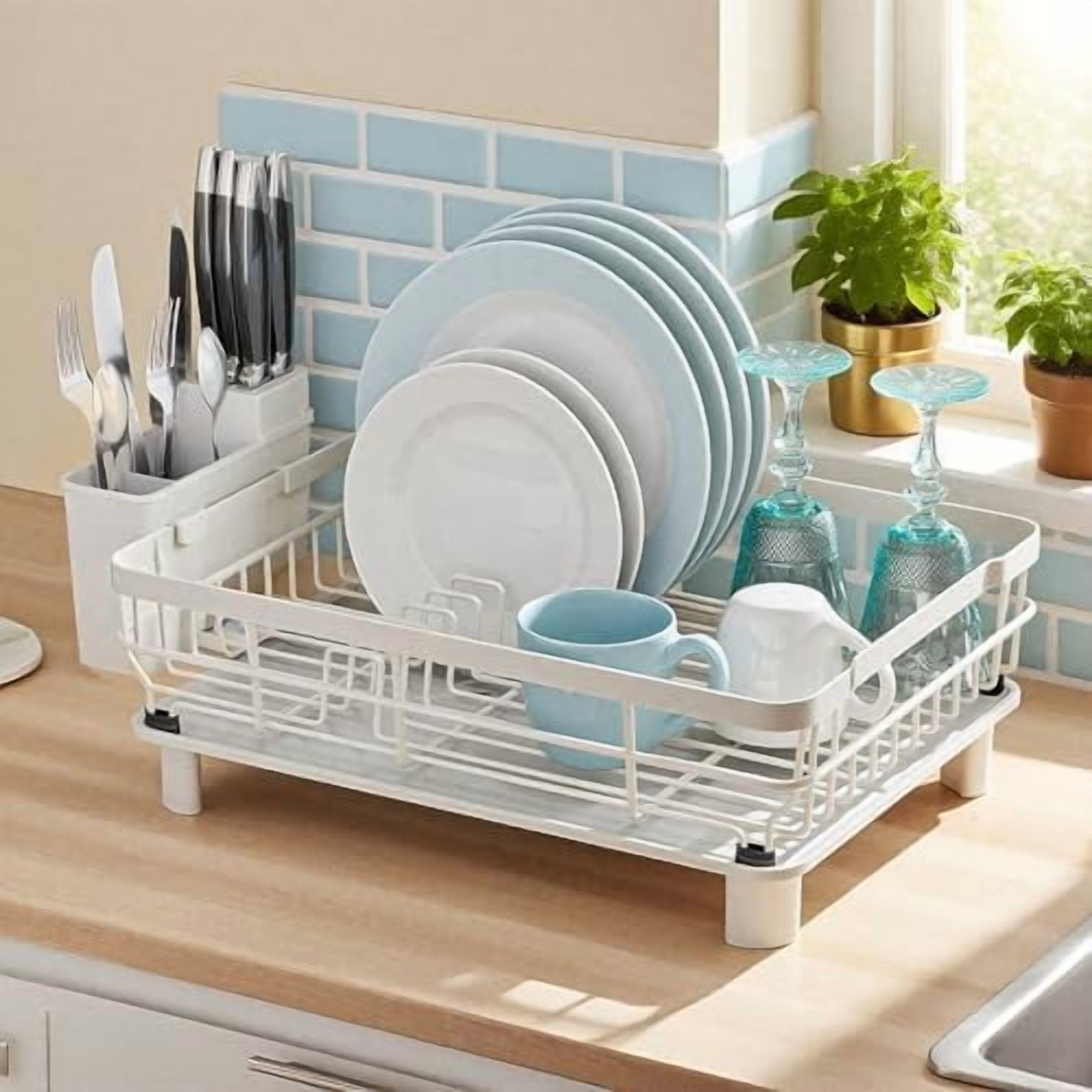 Dish Drying Rack, Dish Rack, Stainless Steel Dish Racks for Kitchen Counter, Dish Drainer with Removable Utensil Holder, Drainboard (White,13''W x 17''L)