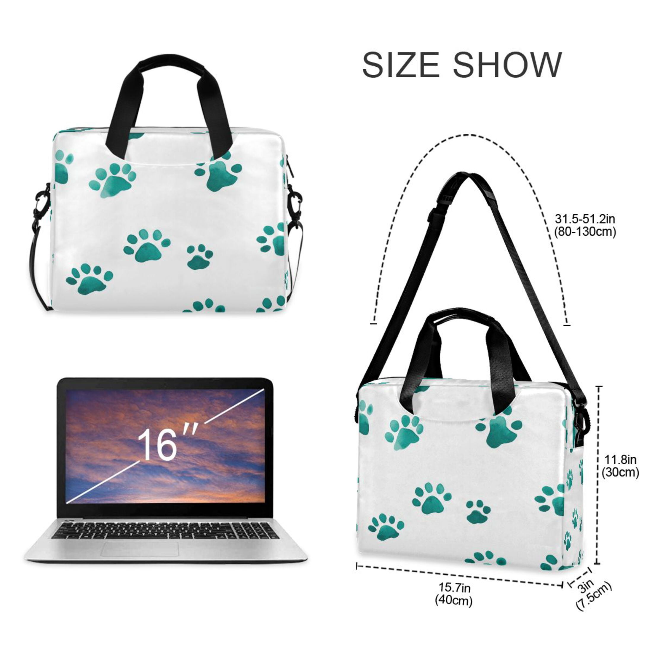 16" Laptop Tote Bag Laptop Sleeve Case Computer Briefcase for Work & Travel Teal Dog Paw Prints