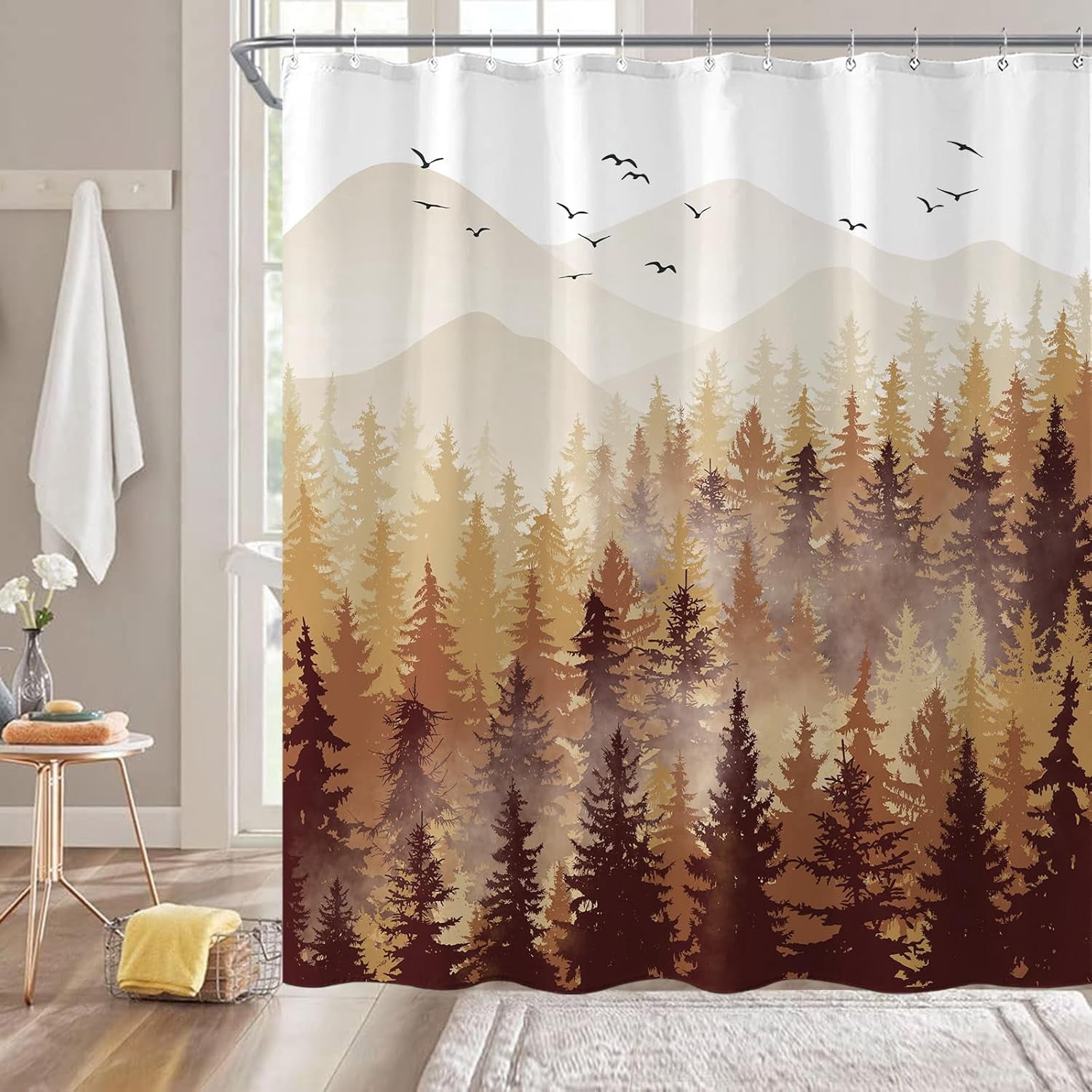 Fall Brown Yellow Misty Forest Shower Curtain Ombre Autumn Nature Foggy Tree Waterproof Fabric Shower Curtains for Bathroom Mountain Woodland Decorative Bath Curtain Decor (72'''' × 72'''')