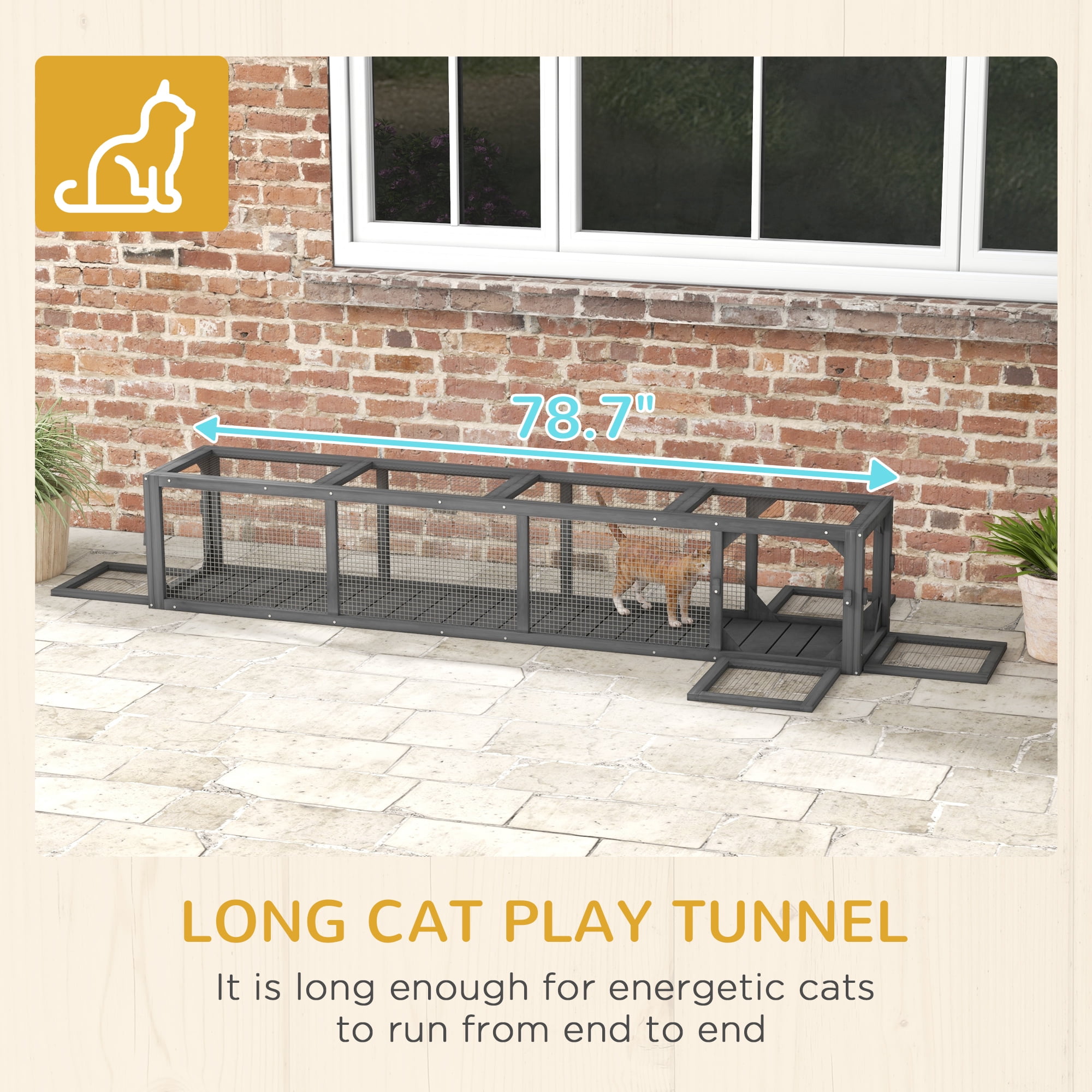 Dog Bed PawHut Outdoor Cat Tunnel with Extendable Design, 79" L Wooden Cat Run with Weather Protection, Connecting Inside and Outside, for Deck Patios, Balconies, Dark Gray,Large Dog Bed