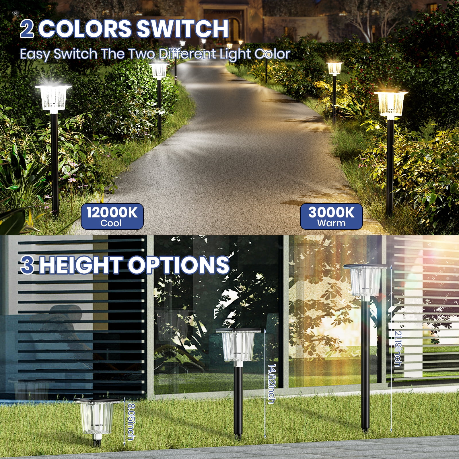 BITPOTT  8 Pack Bright Solar Pathway Lights Outdoor, Adjustable Warm&Cool White, Waterproof IP65 Solar Garden Decor Landscape Lighting Outside, Black