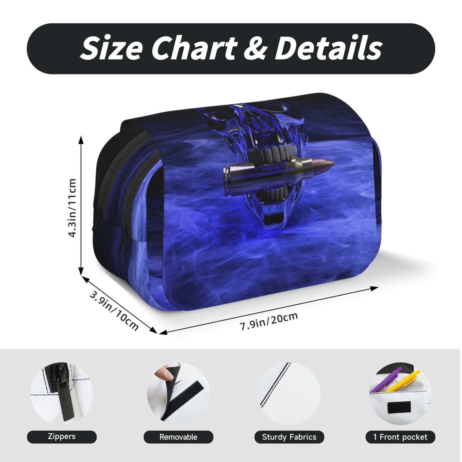 Rateoe Steel Skull Pattern Double Clamshell Pen Case, Storage Organizer with Two Zipper Compartments– Holds Up to 50 Pencils & Pens