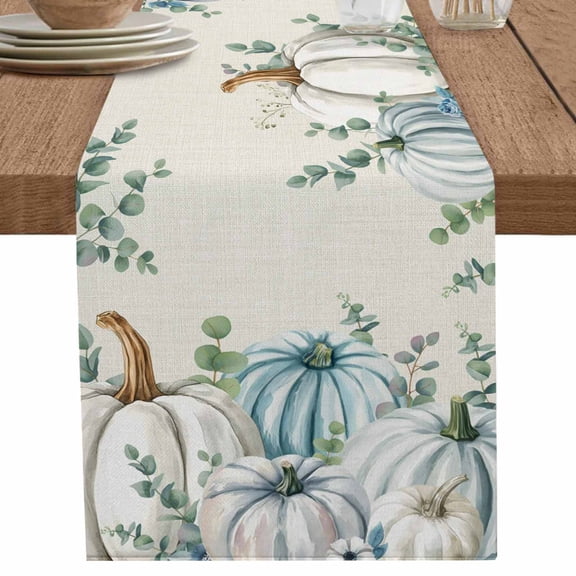 nqOlkjepod Teal Grey Pumpkin Fall Table Runner 36 Inches Long Farmhouse Dress Scarves, Thanksgiving Eucalyptus Leaves Dining Tablerunner for Coffee Table/Kitchen Island/Party Décor, Small 13" x 36"