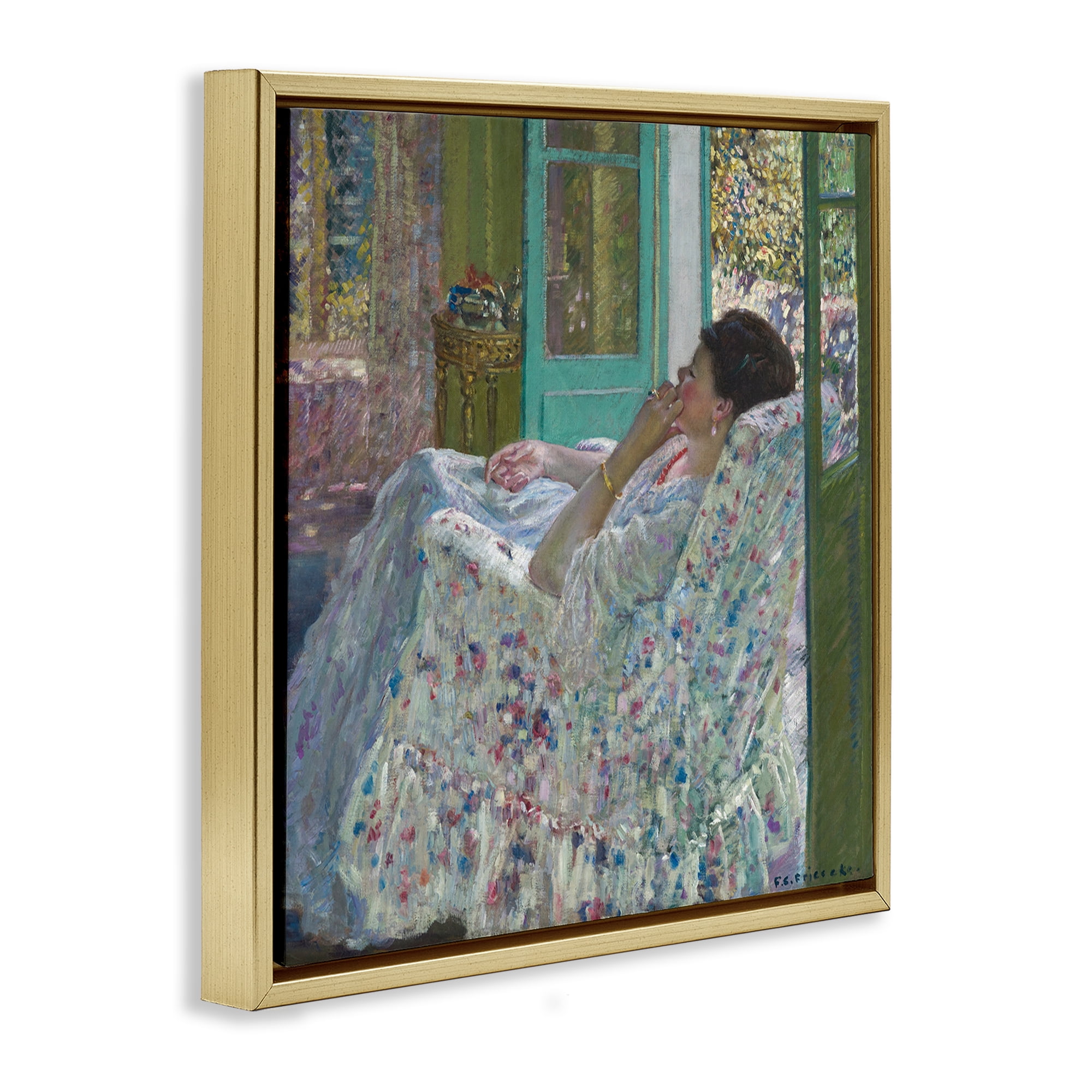Stupell Industries Classical Woman Afternoon People Painting Gold Floater Framed Canvas Art Print Wall Art, 18 x 18